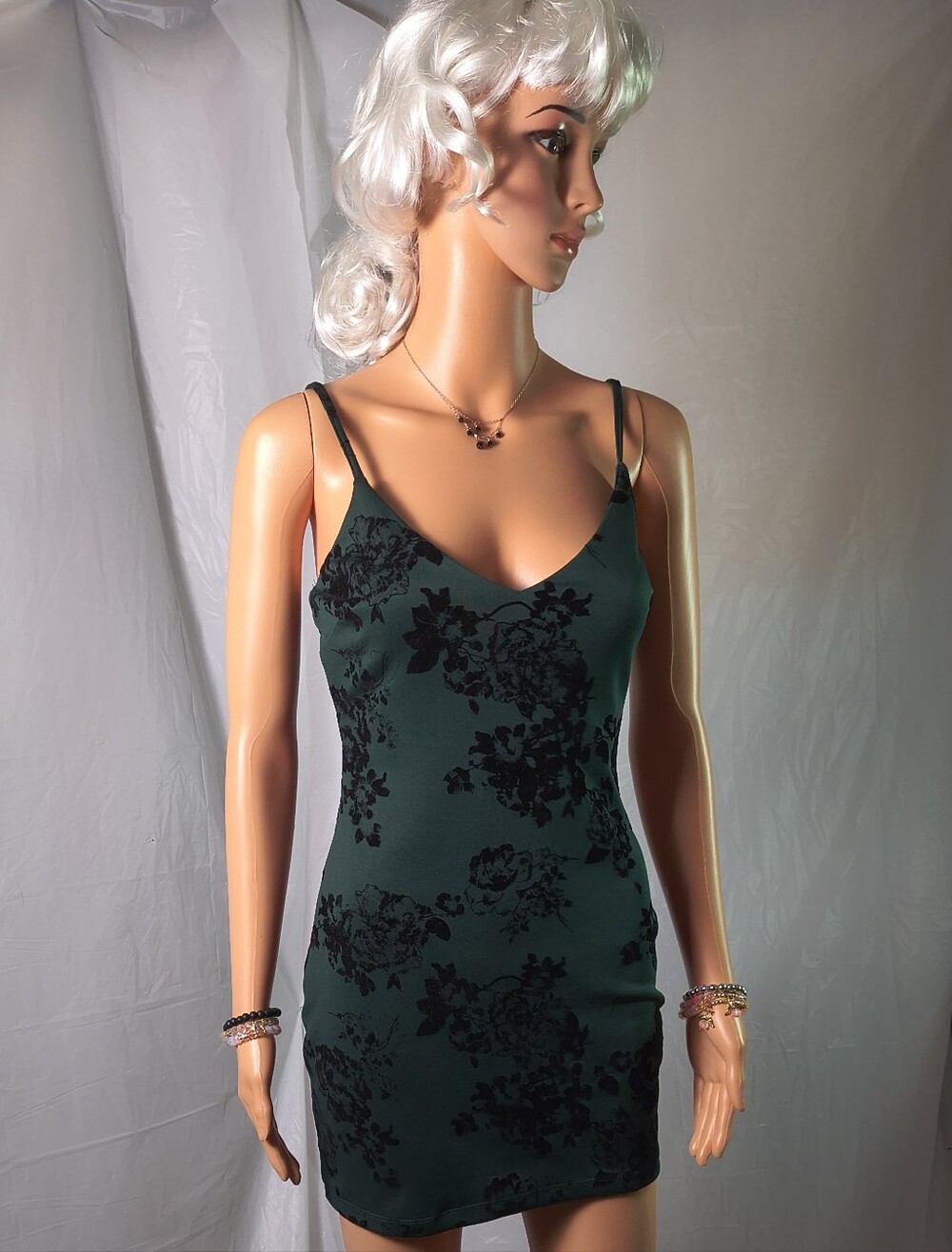 Windsor XS Forest Green Black Flocked Floral Bodycon Mini Dress Goth